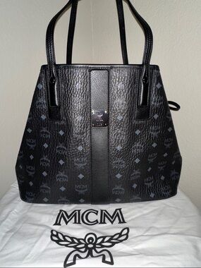 MCM Black Visetos Reversible Logo Tote with Leather Trim